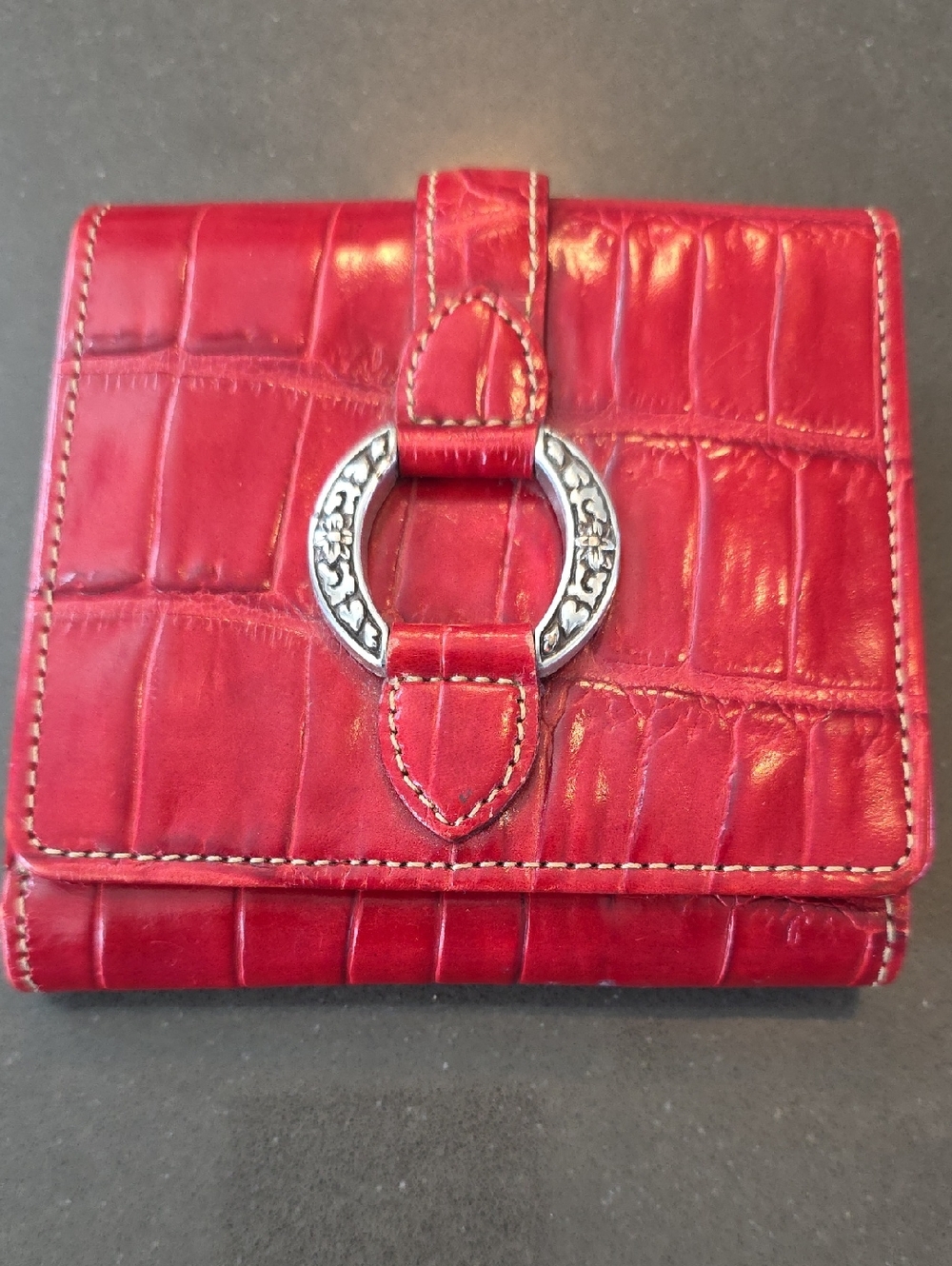 Brighton Red Croc-Embossed Trifold Wallet with Silver Ring Detail